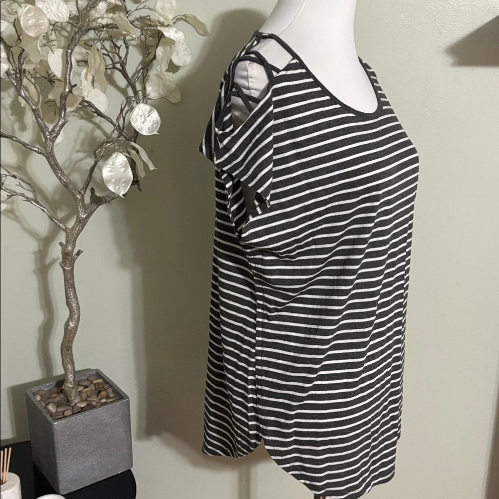 Yogalicious Dark Gray  and White Striped Short Sleeve Top